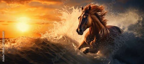 Un cheval galopant sur une plage au bord de la mer au coucher du soleil photo