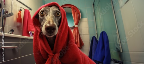 Une image drôle d'un chien dans une salle de bain avec une serviette sur la tête © David Giraud