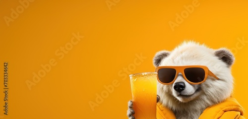 Un ours blanc avec des lunettes buvant un cocktail, arrière-plan orange