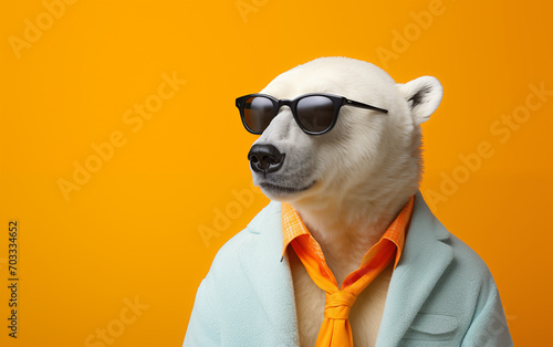 Un ours blanc avec des lunettes et un costume, arrière-plan orange