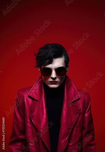 Un jeune homme avec des lunettes, habillé avec style, arrière-plan de couleur rouge