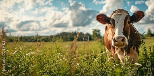 Une vache laitière dans un champ d'herbe en plein été photo