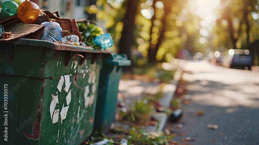 A green waste container prominently displaying the universal recycling symbol, indicating its use for recyclable materials. Its part of an eco-friendly garbage management and sorting system. A green waste container prominently displaying the universal recycling symbol, indicating its use for recyclable materials. Its part of an eco-friendly garbage management and sorting system.