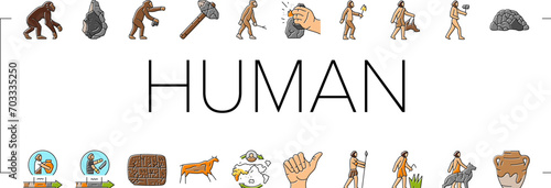 human evolution man caveman icons set vector. monkey evolve, ape darwin, theory computer, history homo, anthropology human evolution man caveman color line illustrations