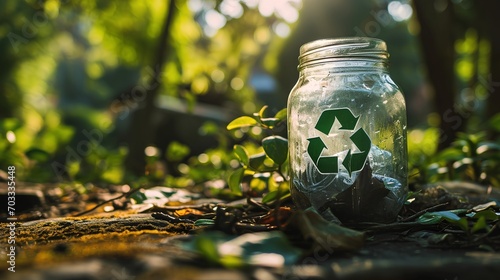 glass jar adorned with the universal recycling symbol, set against a lush forest backdrop, symbolizing eco-friendly packaging solutions for a sustainable, zero waste lifestyle. photo