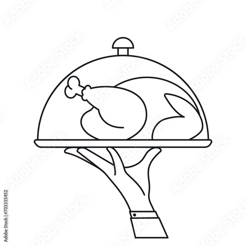 Elegant waiter hand holding serving tray with baked bird under cloche. Vector outline illustration