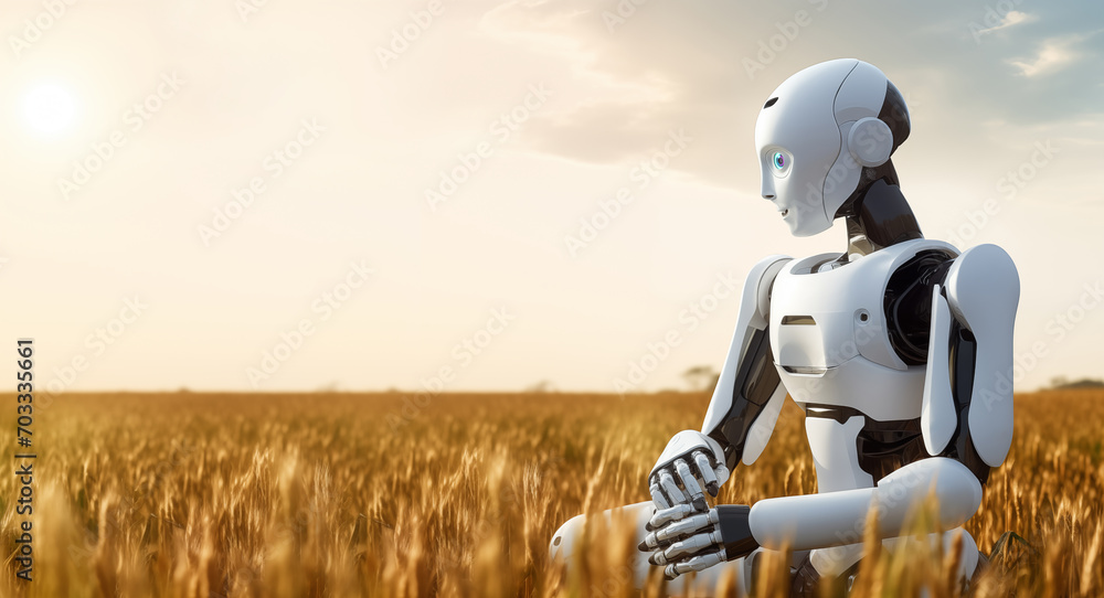Robot farmer on an agricultural wheat field. Smart farming concept. - obrazy, fototapety, plakaty 