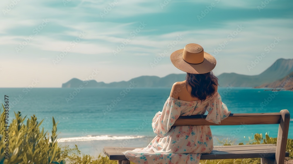 Back of Asian woman in casual dress sitting armrest on cushion in front of the Seascape beach in summer vibes. Lonely female relaxing smile at the sea and looking far away. Holiday travel vacation. 
