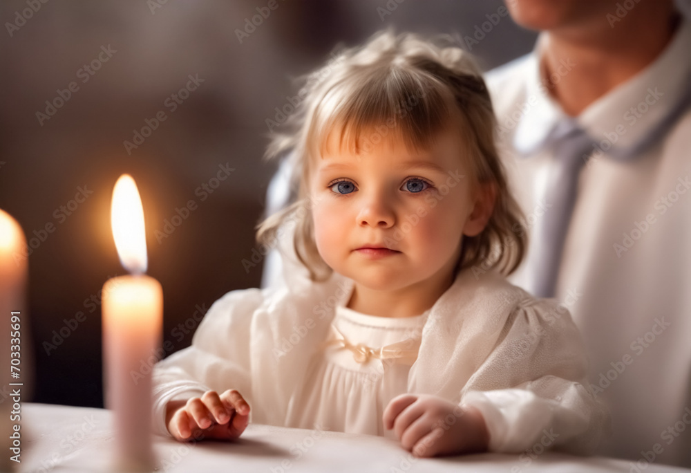 Invito alla Cerimonia di Battesimo- Bimba Seduta Accanto a una Candela Invito alla Cerimonia di Battesimo- Bimba Seduta Accanto a una Candela