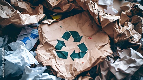 A pile of assorted paper and cardboard materials marked with the universal recycling symbol, set against a neutral background to promote environmental conservation and sustainable practices. photo