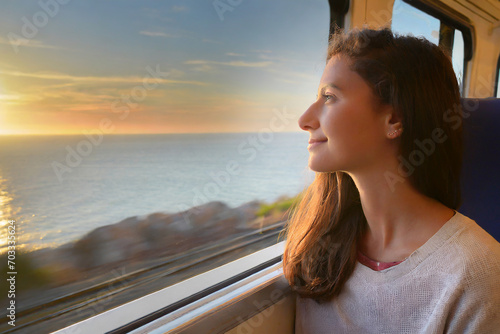 donna viaggio in treno guarda fuori dal finestrino  photo