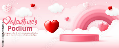 3D Valentine product display cylinder stand podium banner. heart shape, sweet rainbow on pink background for Happy Valentine's day, social media template, discount sale promotion, voucher, post