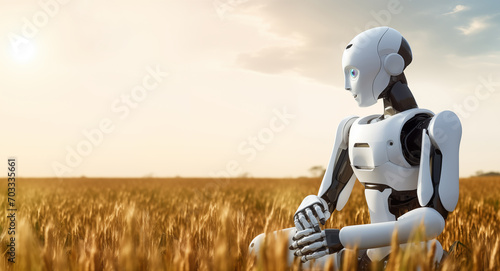 Robot farmer on an agricultural wheat field. Smart farming concept. photo