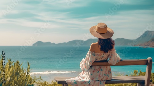 Back of Asian woman in casual dress sitting armrest on cushion in front of the Seascape beach in summer vibes. Lonely female relaxing smile at the sea and looking far away. Holiday travel vacation.  