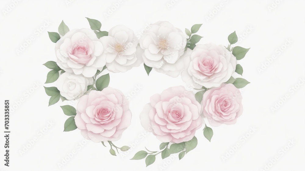 Pink and White Watercolor Flowers in Shape of Heart on White Background Pink and White Watercolor Flowers in Shape of Heart on White Background