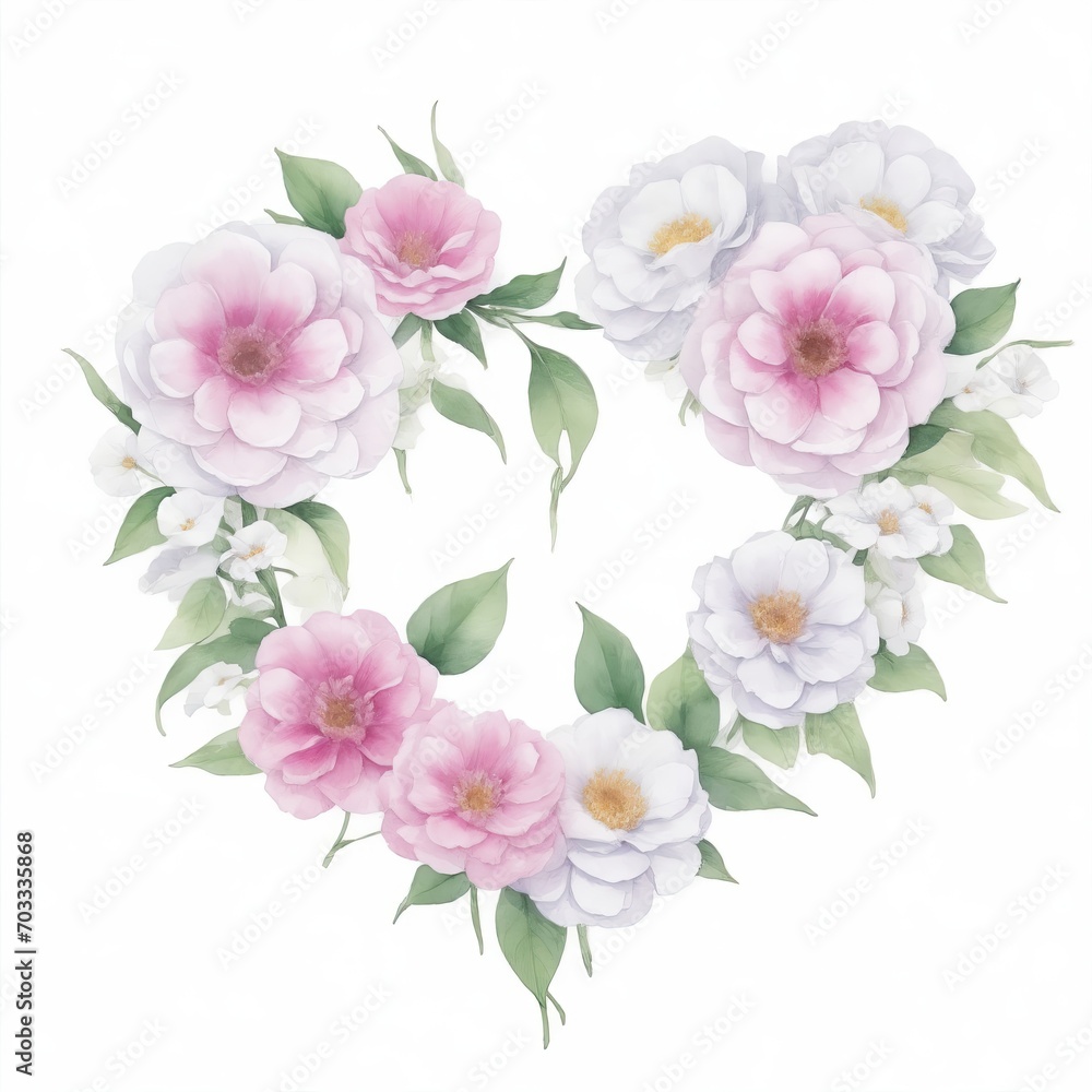 Pink and White Watercolor Flowers in Shape of Heart on White Background