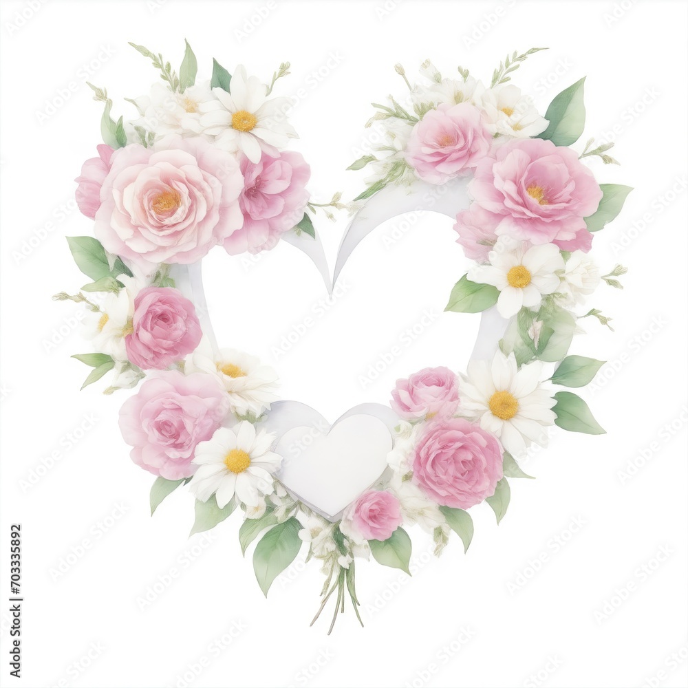 Pink and White Watercolor Flowers in Shape of Heart on White Background Pink and White Watercolor Flowers in Shape of Heart on White Background