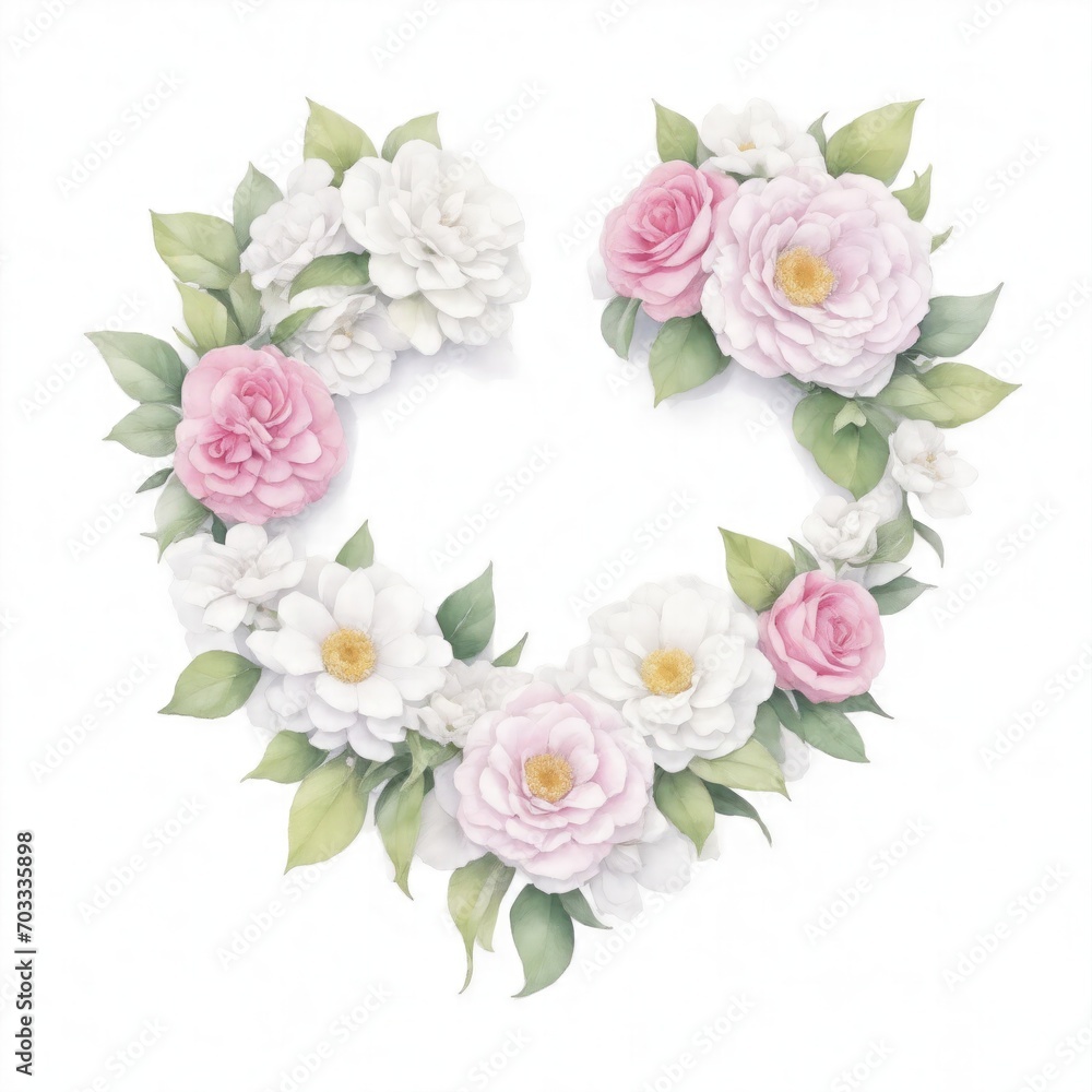 Pink and White Watercolor Flowers in Shape of Heart on White Background Pink and White Watercolor Flowers in Shape of Heart on White Background