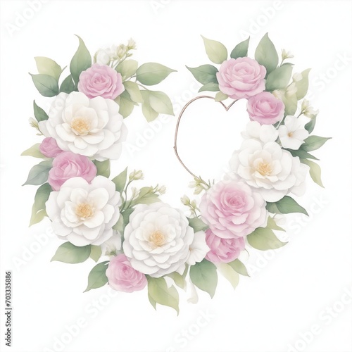 Pink and White Watercolor Flowers in Shape of Heart on White Background