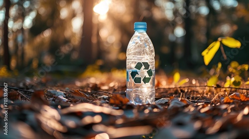 A single clear plastic bottle with a green recycling symbol prominently displayed, representing PET packaging ready for recycling as part of environmental waste management efforts. photo