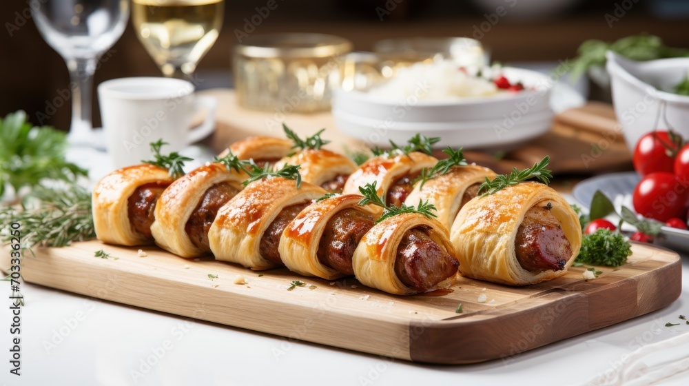  a wooden cutting board topped with pigs in a blanket covered in sauce and garnished with a sprig of parsley.