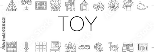 toy baby child kid play icons set vector. cute game, object children, car gift, childhood block, plush bear, preschool toy baby child kid play black line illustrations
