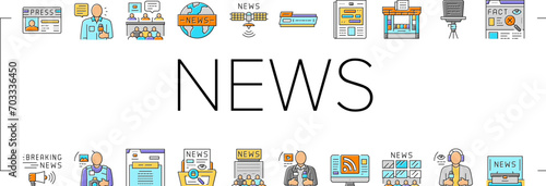 news business communication icons set vector. media press, information headline, online screen, digital world, global, network news business communication color line illustrations