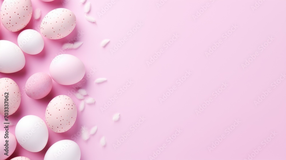 Lots of flowers and colorful Easter eggs on a pink background with copy space