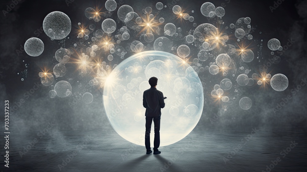 A person holding a thought bubble with floating symbols and ideas, representing the act of shaping and refining concepts A person holding a thought bubble with floating symbols and ideas, representing the act of shaping and refining concepts
