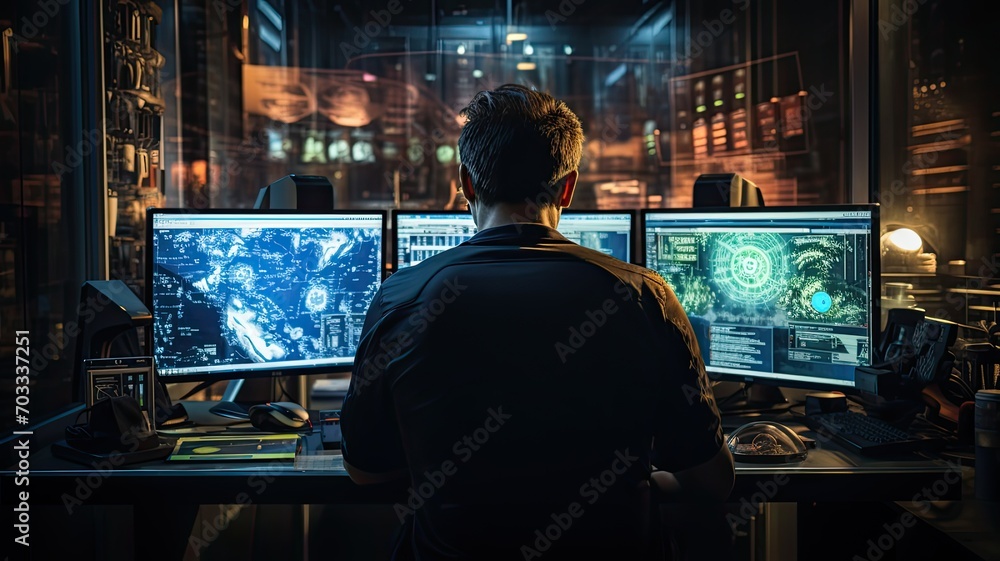 A person in a command center monitoring data flows for anomalies, symbolizing the vigilant protection of information assets A person in a command center monitoring data flows for anomalies, symbolizing the vigilant protection of information assets