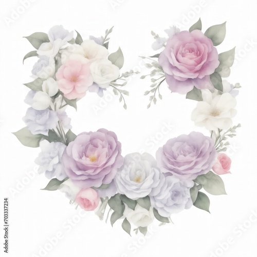 colorful Watercolor Flowers in Shape of Heart on White Background