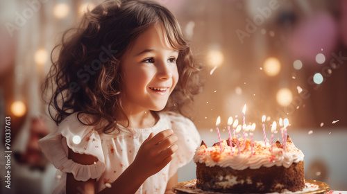 A little child celebrating his birthday is happy and blows out a cake with candles on top.
