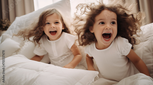 Two little children on the bed having fun Playing down pillow fights