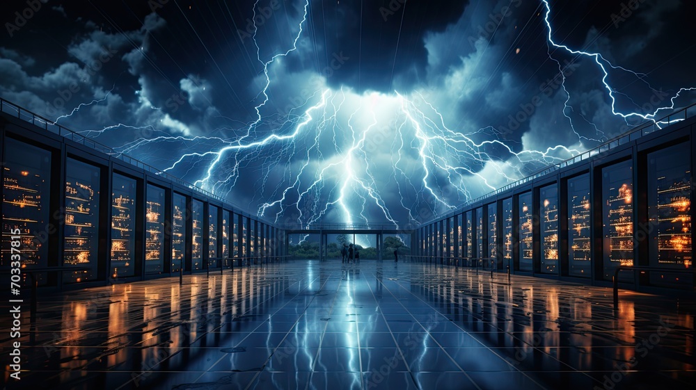 A cloud-filled sky with virtual servers and data centers interconnected ...