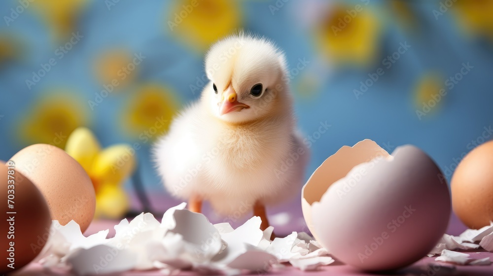 small yellow chicken in a shell on a yellow background. postcard with copy space, easter concept