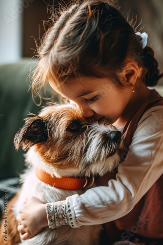 Hispanic ittle girl caring and playing with her pet puppy dog outdoors photo