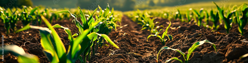 Fototapeta premium Green small corn sprouts in cultivated agricultural field, low angle view. Agriculture and cultivation concept. Selective focus. AI generated.