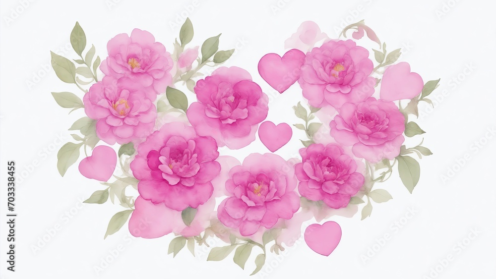 Pink Watercolor Flowers in Shape of Heart on White Background