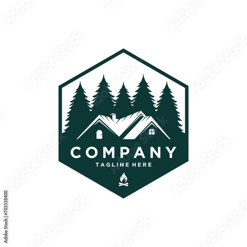 Logo design template for cabin house rental with forest mountain. home cabin logo construction. house mountain logo template Vector illustration photo