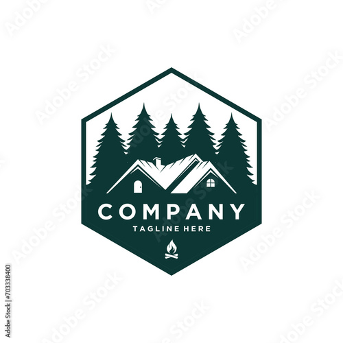 Logo design template for cabin house rental with forest mountain. home cabin logo construction. house mountain logo template Vector illustration