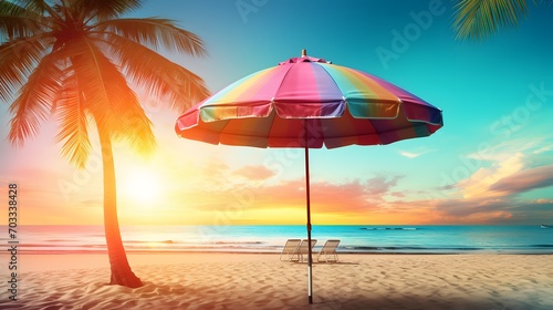 Summer beach background. Striped umbrella and coconut palm tree with seascape and island on beautiful tropical colorful gradient sky on sunny day.