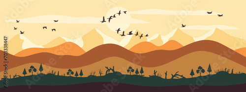 Vector illustration of wild nature mountain sun tree. Horizontal banner  set of banners. Template for poster  banner  drawing for printing. Vector file design elements.