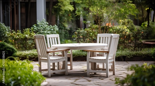 Wood table set in the garden. White empty round table around with empty wooden armchairs seat and wood bench chair on the gravel ground near the green leaves and bush decoration in the outdoor garden.