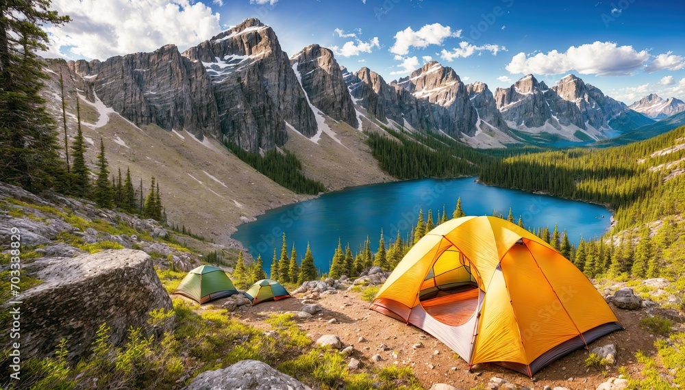 A beautiful mountainous region with a lake and tents pitched on the grassy shore.