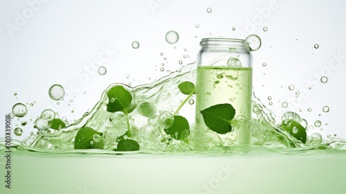 a glass jar filled with water and green leaves on top of a green liquid filled with water and green leaves on the bottom of the jar.