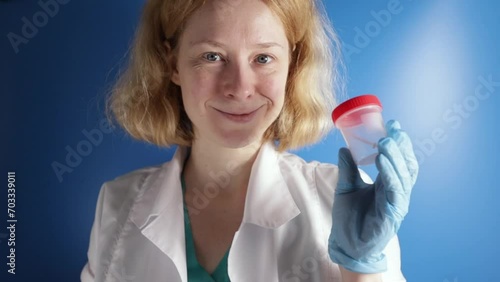 Doctor holding a jar for medical tests, sperm bank examination, male fertility analysis, semen sample examination photo