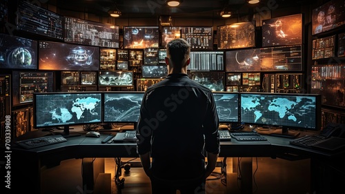 A person in a command center monitoring data flows for anomalies, symbolizing the vigilant protection of information assets