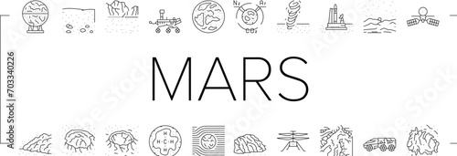 mars planet space astronomy icons set vector. cosmos science, planet universe, solar galaxy, world red, exploration sky mars planet space astronomy black line illustrations