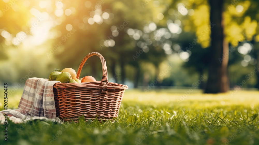 Picnic basket on the lawn with copyspace Picnic basket on the lawn with copyspace
