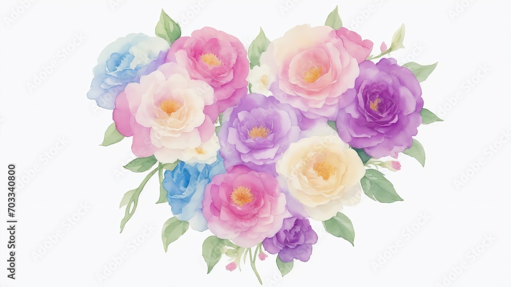 Watercolor Flowers in Shape of Heart on White Background